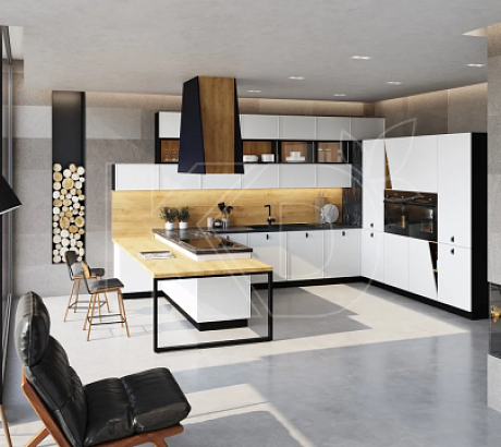 Дизайн белой глянцевой кухни с деревянной столешницей